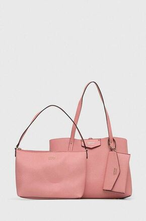 Dvostranska torba Guess roza barva - roza. Velika nakupovalna torbica iz kolekcije Guess. na zapenjanje