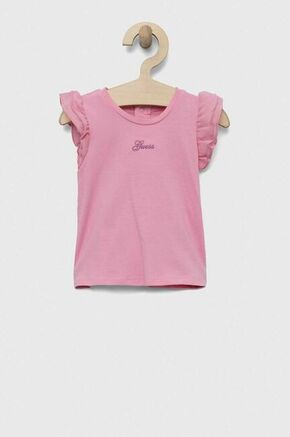 Otroška kratka majica Guess roza barva - roza. Otroške lahkotna kratka majica iz kolekcije Guess. Model izdelan iz pletenine z nalepko. Model iz izjemno udobne