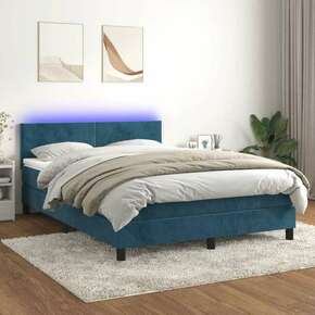 Shumee Box spring postelja z vzmetnico LED temno modra 140x190cm žamet