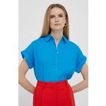 Lanena srajca Lauren Ralph Lauren zelena barva - modra. Srajca iz kolekcije Lauren Ralph Lauren, izdelana iz enobarvne tkanine. Model iz mehke in zračne tkanine je idealen za toplejše letne čase.