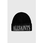 Volnena kapa AllSaints črna barva - črna. Kapa iz kolekcije AllSaints. Model izdelan iz debele pletenine. Volna vas zaradi svojih visokih termoregulacijskih lastnosti greje, ko je hladno, in hladi, ko je toplo.