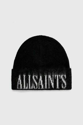 Volnena kapa AllSaints črna barva - črna. Kapa iz kolekcije AllSaints. Model izdelan iz debele pletenine. Volna vas zaradi svojih visokih termoregulacijskih lastnosti greje