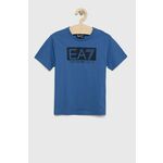 Otroška bombažna kratka majica EA7 Emporio Armani - modra. Otroški kratka majica iz kolekcije EA7 Emporio Armani. Model izdelan iz tanke, elastične pletenine.