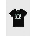 Bombažna kratka majica Guess črna barva - črna. Otroške kratka majica iz kolekcije Guess, izdelana iz pletenine s potiskom. Model iz izjemno udobne bombažne tkanine.