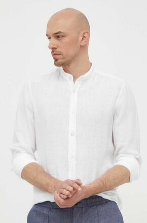 Lanena srajca BOSS BOSS ORANGE bela barva - bela. Srajca iz kolekcije BOSS. Model izdelan iz enobarvne tkanine. Ima stoječi ovratnik. Lahek material