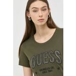 Bombažna kratka majica Guess zelena barva - zelena. Kratka majica iz kolekcije Guess. Model izdelan iz pletenine z nalepko.