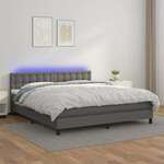 Greatstore Box spring postelja z vzmetnico LED siva 180x200cm umetno usnje