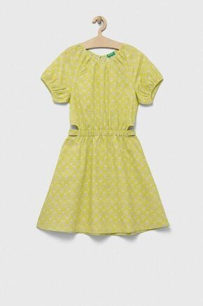 Otroška lanena obleka United Colors of Benetton zelena barva - zelena. Otroški obleka iz kolekcije United Colors of Benetton. Model izdelan iz lahkega blaga. Model iz zračne lanene tkanine.