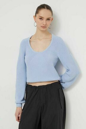 Bombažen pulover HUGO - modra. Pulover iz kolekcije HUGO. Model izdelan iz srednje debele raztegljive pletenine. Model iz zračne bombažne tkanine.