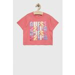 Otroška bombažna kratka majica Guess roza barva - roza. Otroški Lahkotna kratka majica iz kolekcije Guess. Model izdelan iz tanke, elastične pletenine. Nežen material, prijeten na dotik.