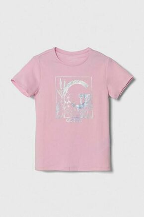 Otroška kratka majica Guess roza barva - roza. Otroške kratka majica iz kolekcije Guess. Model izdelan iz tanke