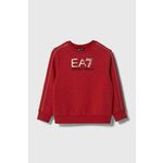 Otroški pulover EA7 Emporio Armani rdeča barva - rdeča. Otroški pulover iz kolekcije EA7 Emporio Armani, izdelan iz udobne, rahlo elastične tkanine. Model z mehko oblazinjeno sredino zagotavlja mehkobo in dodatno toploto.