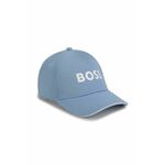 Otroška bombažna kapa BOSS - modra. Otroška kapa s šiltom vrste baseball iz kolekcije BOSS. Model izdelan iz pletenine z nalepko.