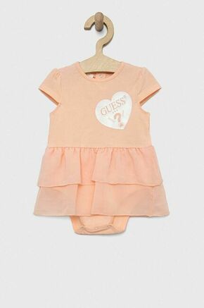 Obleka za dojenčka Guess oranžna barva - oranžna. Lahkotna obleka iz kolekcije Guess. Nabran model izdelan iz kombinacija dveh različnih materialov. Izjemno udoben material.