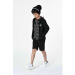 Otroški pulover Karl Lagerfeld črna barva, s kapuco - črna. Otroški pulover s kapuco iz kolekcije Karl Lagerfeld, izdelan iz pletenine s potiskom. Model iz tkanine, ki je izjemno prijetna na otip.