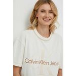 Bombažna kratka majica Calvin Klein Jeans ženski, bež barva - bež. Kratka majica iz kolekcije Calvin Klein Jeans, izdelana iz elastične pletenine. Model iz izjemno udobne bombažne tkanine.