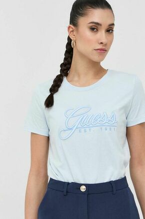 Bombažna kratka majica Guess - modra. Kratka majica iz kolekcije Guess. Model izdelan iz pletenine z nalepko. Tanek