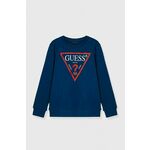 Otroški bombažen pulover Guess - modra. Otroški pulover iz kolekcije Guess, izdelan iz elastične pletenine. Model iz izjemno udobne tkanine z visoko vsebnostjo bombaža.
