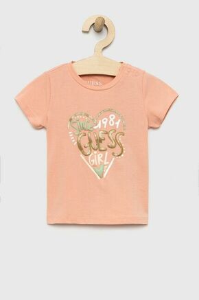 Kratka majica za dojenčka Guess roza barva - roza. Kratka majica za dojenčka iz kolekcije Guess. Model izdelan iz mehke pletenine s potiskom. Nežen material