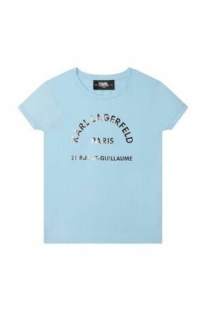Otroška bombažna kratka majica Karl Lagerfeld - modra. Otroške kratka majica iz kolekcije Karl Lagerfeld. Model izdelan iz bombažne pletenine.