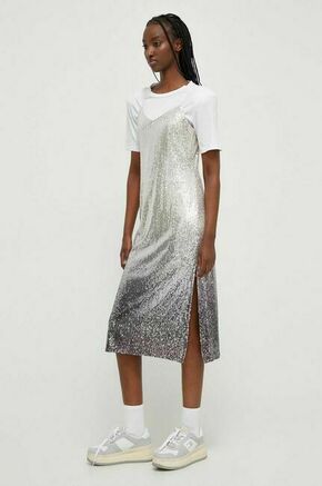 Obleka Superdry srebrna barva - srebrna. Elegantna obleka iz kolekcije Superdry. Model izdelan iz tkanine z bleščicami. Izrazit model za posebne priložnosti.