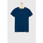 Otroški t-shirt Guess - modra. Otroški T-shirt iz kolekcije Guess. Model izdelan iz tanke, rahlo elastične pletenine.