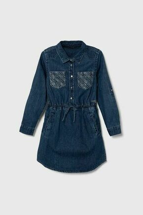 Otroška jeans obleka Guess - modra. Otroški obleka iz kolekcije Guess. Model izdelan iz jeansa. Model iz izjemno udobne bombažne tkanine