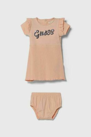 Obleka za dojenčka Guess oranžna barva - oranžna. Za dojenčke obleka iz kolekcije Guess. Model izdelan iz pletenine z nalepko. Model iz izjemno udobne tkanine z visoko vsebnostjo bombaža.