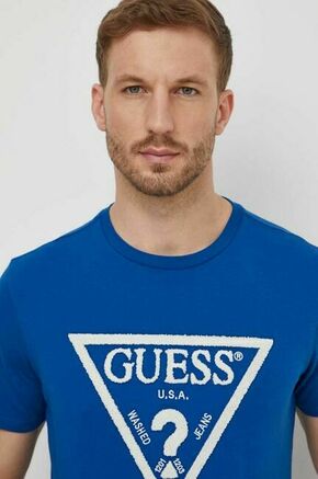 Bombažna kratka majica Guess moški - modra. Kratka majica iz kolekcije Guess
