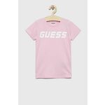 Otroška bombažna kratka majica Guess roza barva - roza. Otroški Lahkotna kratka majica iz kolekcije Guess. Model izdelan iz tanke, elastične pletenine.