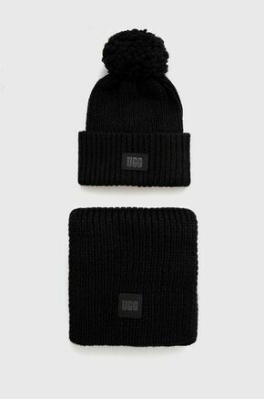 Kapa in šal s primesjo volne UGG Chunky črna barva - črna. Kapa in šal iz kolekcije UGG. Model izdelan iz enobarvne pletenine.