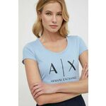 Bombažna kratka majica Armani Exchange ženski, bela barva - modra. Kratka majica iz kolekcije Armani Exchange, izdelana iz pletenine s potiskom. Model iz izjemno udobne bombažne tkanine.