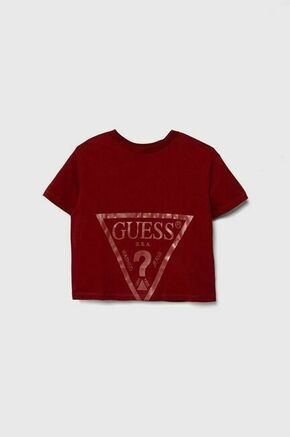 Otroška bombažna kratka majica Guess bordo barva - bordo. Otroške kratka majica iz kolekcije Guess. Model izdelan iz pletenine s potiskom. Model iz izjemno udobne bombažne tkanine.