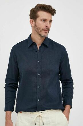 Lanena srajca BOSS mornarsko modra barva - mornarsko modra. Srajca iz kolekcije BOSS. Model izdelan iz enobarvne tkanine. Ima klasičen