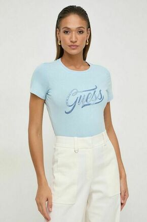 Bombažna kratka majica Guess ženski - modra. Kratka majica iz kolekcije Guess