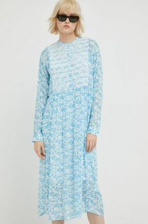 Obleka Samsoe Samsoe - modra. Lahkotna obleka iz kolekcije Samsoe Samsoe. Raven model izdelan iz vzorčaste tkanine.