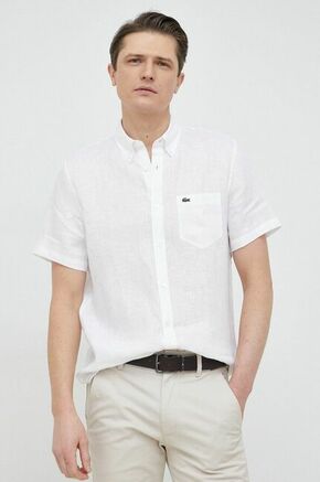 Lanena srajca Lacoste bela barva - bela. Srajca iz kolekcije Lacoste. Model izdelan iz enobarvne tkanine. Ima ovratnik button-down. Lahek material