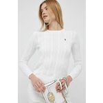 Bombažen pulover Polo Ralph Lauren ženski, bela barva - bela. Pulover iz kolekcije Polo Ralph Lauren. Model z okroglim izrezom, izdelan iz enobarvne pletenine.