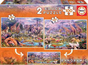 WEBHIDDENBRAND EDUCA Puzzle Panorama Divje živali 2x100 kosov