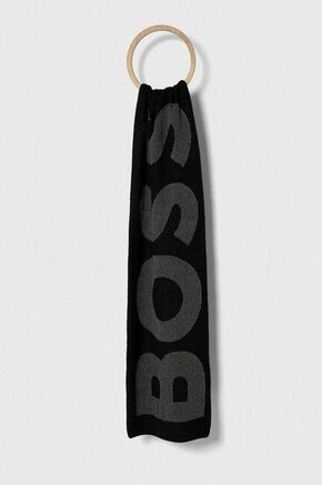 Šal s primesjo volne BOSS črna barva - črna. Šal iz kolekcije BOSS. Model izdelan iz vzorčaste pletenine. Izjemno udobna tkanina z visoko vsebnostjo bombaža.