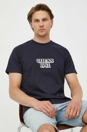 Bombažna kratka majica Guess mornarsko modra barva - mornarsko modra. Kratka majica iz kolekcije Guess. Model izdelan iz pletenine z nalepko. Tanek