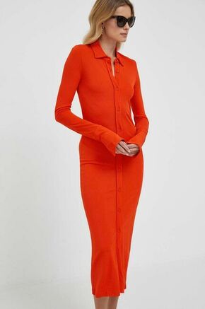 Obleka Calvin Klein oranžna barva - oranžna. Obleka iz kolekcije Calvin Klein. Model izdelan iz tanke