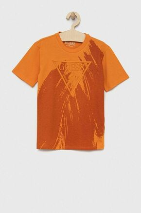 Otroška bombažna kratka majica Guess oranžna barva - oranžna. Otroški kratka majica iz kolekcije Guess. Model izdelan iz elastične pletenine.