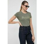 Kratka majica Guess ženski, zelena barva - zelena. Kratka majica iz kolekcije Guess, izdelana iz tanke, elastične pletenine. Model iz zračne tkanine z visoko vsebnostjo bombaža.