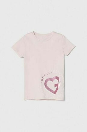 Otroška kratka majica Guess roza barva - roza. Lahkotna kratka majica iz kolekcije Guess. Model izdelan iz visokokakovostne pletenine