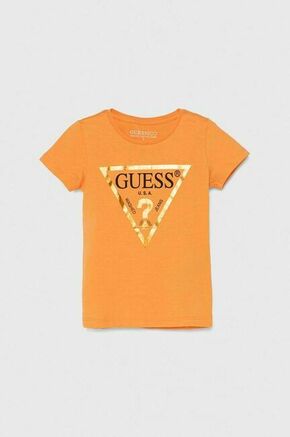 Bombažna kratka majica Guess oranžna barva - oranžna. Otroške kratka majica iz kolekcije Guess. Model izdelan iz pletenine s potiskom. Model iz zračne bombažne tkanine.
