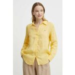 Lanena srajca Tommy Hilfiger rumena barva, WW0WW42037 - rumena. Srajca iz kolekcije Tommy Hilfiger, izdelana iz enobarvne tkanine. Model iz izjemno udobne, zračne tkanine.