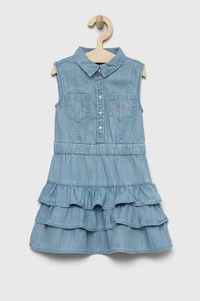 Otroška obleka Guess - modra. Otroška Lahkotna obleka iz kolekcije Guess. Nabran model izdelan iz enobarvne tkanine. Zračen material
