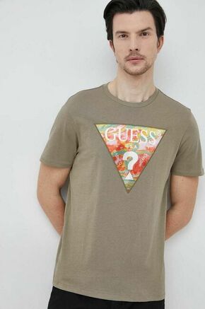 Bombažna kratka majica Guess zelena barva - zelena. Kratka majica iz kolekcije Guess. Model izdelan iz pletenine z nalepko. Izjemno udoben material