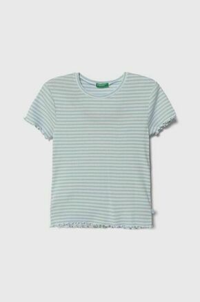 Otroška kratka majica United Colors of Benetton - modra. Kratka majica iz kolekcije United Colors of Benetton. Model izdelan iz vzorčaste pletenine. Model iz izjemno udobne tkanine z visoko vsebnostjo bombaža.